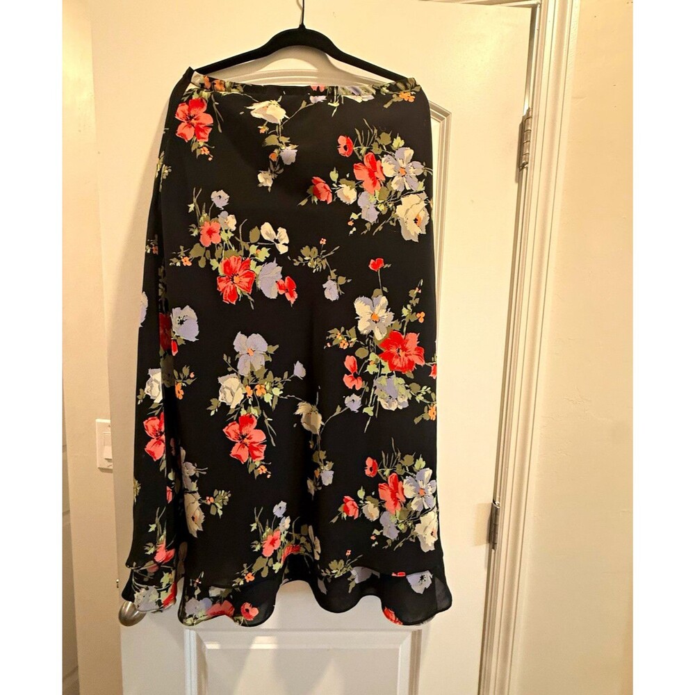 Patchington Women’s Size 14 Black Floral Flare Midi Skirt Ruffle Hem Lined